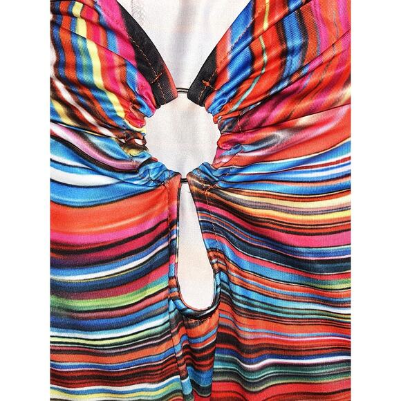 NWT Flamingo Striped Ring Linked Hollow Out Stretch Midi Dress Women's Small - Picture 8 of 9